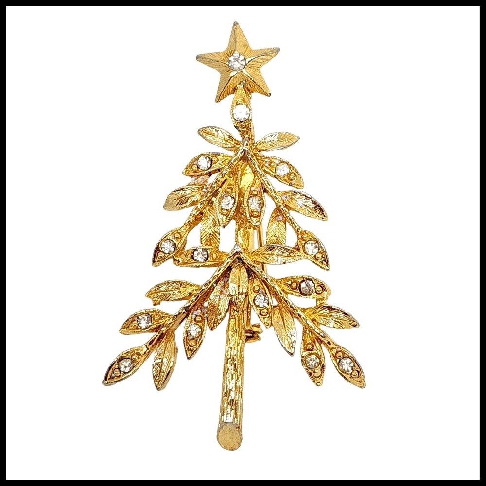 Gold Tone Christmas Tree Brooch Pin Rhinestone Star Holiday Jewelry Women